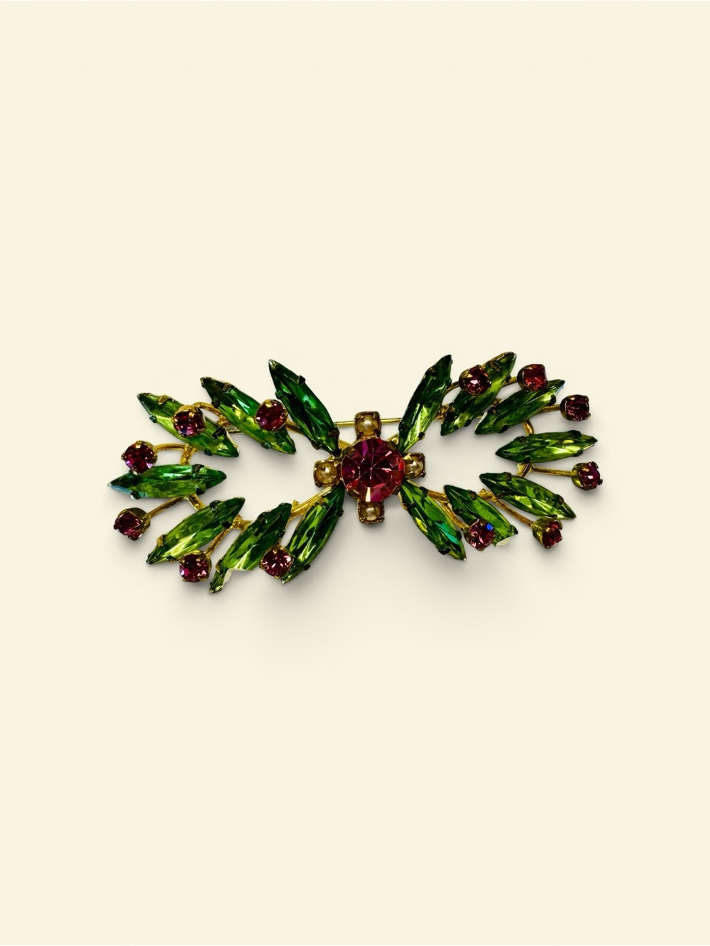 Vintage Austrian Green and Pink Crystal Leaf Brooch